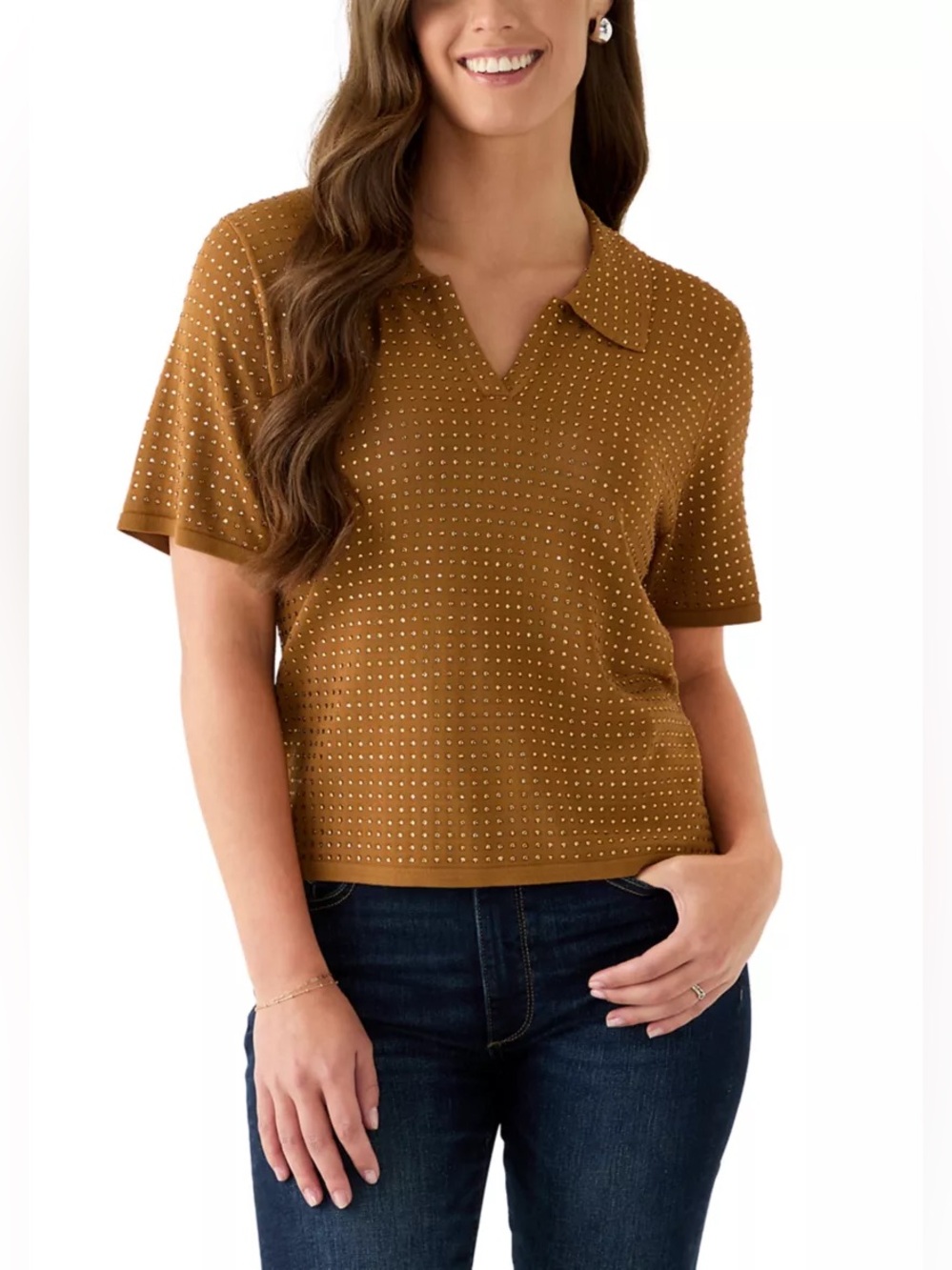 Jason Wu Embellished Johnny Collar Sweater Knit Top Camel Gold NWT Small